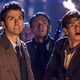 David Tennant's 10th Doctor and Andrew Garfield as Frank in the Doctor Who episode "Evolution of the Daleks," looking up in horror at night at something off screen.